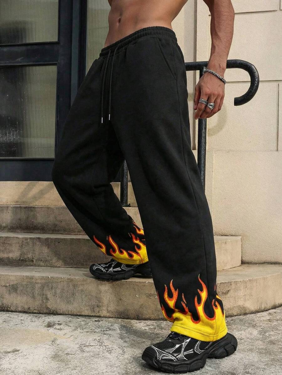 FRACTYR 男士夏季休闲街头时尚泼墨抽象涂鸦图案街头服饰透气双面宽松印花长裤 - 黑色 - 查看 1