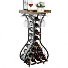 X-cosrack - Estante de vino para el piso soporte para botellas tipo minibar gabinete para licores con soporte para copas capacidad para 14 botellas ideal para bar en casa cocina comedor y sala  855595 - Madera Marrn Plata/Negro - Ver 1