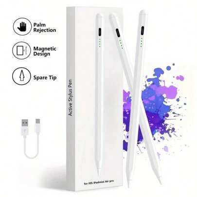USB充电式触控笔，兼容iOS电容式触摸屏，可用于绘画和书写，有白色、黑色、粉色、蓝色、绿色可选 - 完美适配iPad Air、平板电脑等。