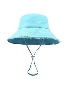 女士抽绳毛边渔夫帽（1件/套），可调节下巴带设计，做旧效果，柔软面料，防晒，时尚百搭，适合旅行、海滩、度假、休闲穿着 - 彩色 - 查看 15