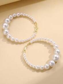 1 Pair Fashionable Minimalist Versatile Pearl Design Hoop Earrings, Suitable Gift For Girls And Women - White - View 3