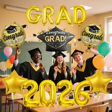 13件組 2026畢業派對氣球，包含16英吋2026數字、16英吋金色GRAD字母、帽子、Congratulations畢業鋁箔氣球，適用於2026畢業派對裝飾、校園裝飾、教室裝飾 - 彩色 - 查看 1