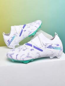 MINGBIN 1 par de zapatos de fútbol/fútbol, tacos blandos para terreno blando de baja altura, zapatos de césped artificial/natural con cordones, botas de fútbol profesionales de alto rendimiento y peso ligero, disponibles en varios colores - Blanco y morado - Ver 8