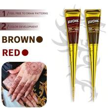 [Colorful Henna Tattoo Set]High-Quality Henna Tattoos In Multiple Colors, 12 Reusable Random Stencils | Pre-Mixed Natural Henna Dye For Temporary Body Art | Waterproof And Smudge-Proof, Durable | Beginner-Friendly DIY Kit, Suitable For Parties, Festivals, Halloween, Weddings, And Henna Nights - 紅色+棕色 - 查看 7