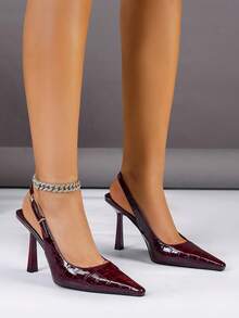 Women's Pointed Toe High Heel Shoes With Metal Buckle Strap And Open Heel Design - Burgundy - View 7