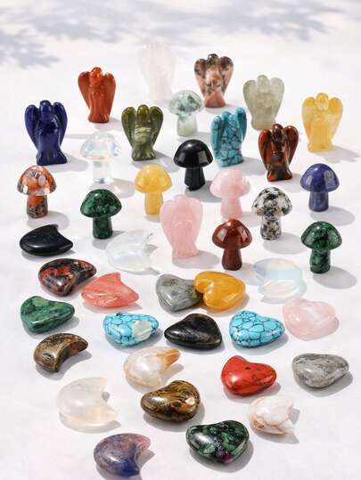 5/10个天然石水晶雕刻小摆件，颜色随机，家居装饰迷你天使月亮蘑菇心形桌面摆件口袋收藏品书架房间装饰礼品