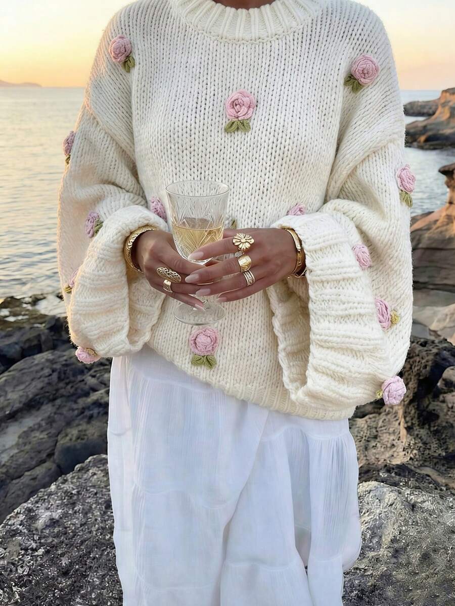 Juste Masa Femmes Printemps Décontracté Mignon Tricot Pull, Brodé 3D Floral Col Rond Manches Longues Ample Élastique Mode Doux Nouveau Couleur Unie pull, Convient Pour Plage Vacances, Voyage, Rendez-vous, Maison, Et Port Quotidien Blanc - Blanc - Voir 1