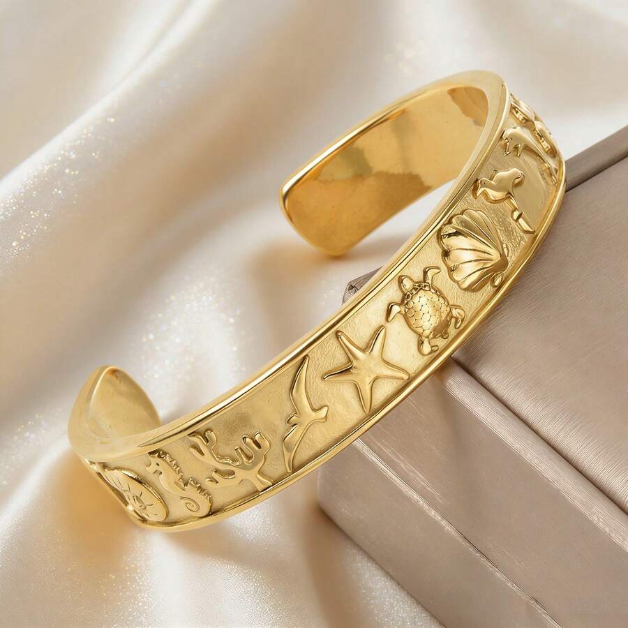 1pc Elegant & Cute 18K Gold Plated 3D Marine Life Stainless Steel Open Cuff Bracelet, Suitable For Daily Wear, Beach Vacation, Best Friend Gift - Gold - View 1