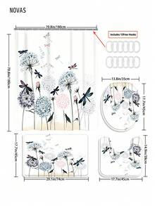 1/3/4 piezas Cortina de ducha con estampado de libélula y floral en acuarela, juego de alfombra de baño con estampado de olas estrelladas de estilo natural minimalista, impermeable y antideslizante, tapa de inodoro y alfombra en forma de U, 12 ganchos, adecuado para el hogar/dormitorio/sala de estar/artículos para el hogar - A - Ver 13