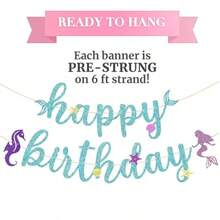 APre-Strung Glitter Mermaid Birthday Banner NO DIY Little Mermaid Birthday Decorations Mermaid Banner Little Mermaid Party Decoration For Girls Boys Baby Shower Etc. - 彩色 - 查看 2