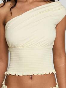 Elio Closet Women's Elegant Solid Color Fitted Summer Two Pieces Set, Minimalist Versatile Cropped Asymmetric Neck Sleeveless Top, Cinched Waist Ruched A-Line Maxi Skirt, Suitable For Beach Vacation, Work Commute, Festivals, Graduation Ceremony - Apricot - View 11