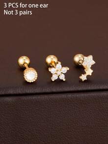 3件套不锈钢花朵星形锆石耳钉套装，18K镀金耳软骨及耳垂耳环，女士饰品 - 3件套 - 查看 11