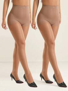 2双装女士性感透明连裤袜，时尚简约，舒适透气 - 杏色 - 查看 8