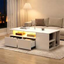 Coffee Table / Modern High-Gloss Coffee Table With LED Lighting / Elegant Table With Drawer And 50 Kg Load Capacity / With Storage Shelf For Living Room, 100x50x40.3 Cm - White3 - View 1