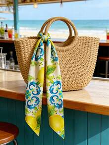 1条女士春季新款70厘米真丝缎面围巾，蓝色柠檬花印花，百搭日常配饰，适合作为礼物送给朋友，情人节或海滩配饰 - 大檸檬葉 - 查看 5