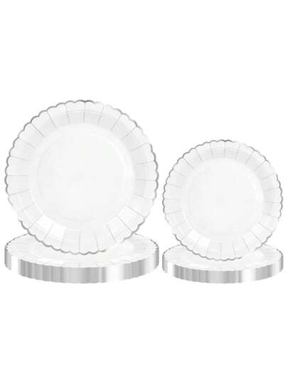10pcs/20pcs/30pcs Elegant White Disposable Paper Plates With Scalloped Silver Foil Border - 7/9 Inch Dinner Plates,Paper Party Plates, Tableware For Wedding, Birthday, Baby-Shower, Bridal Shower, Holiday Party, Thanksgiving & Christmas Men Women