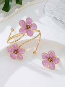 1 Set Of 5-Petal Flower Jewelry: 1 Ombre Flower Bracelet, 1 Small Flower Ring - Five-petaled Flower - View 18
