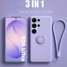 Capa de silicone com suporte e anel magnético para Galaxy S25, S25 Plus, S25 Ultra, S26, S26 Plus, S26 Ultra, A17, A37, A57 - Roxo Lilás - Ver 2