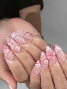 这款24片装法式杏仁形美甲套装，包含时尚的3D蝴蝶、粉色渐变、波点、贝壳花以及甜美的全覆盖式按压式假指甲，让您的指甲焕然一新。套装内含1支果冻胶水和1把指甲锉，增添浪漫气息，让您看起来甜美动人，是日常约会的完美之选。 - 彩色 - 查看 2