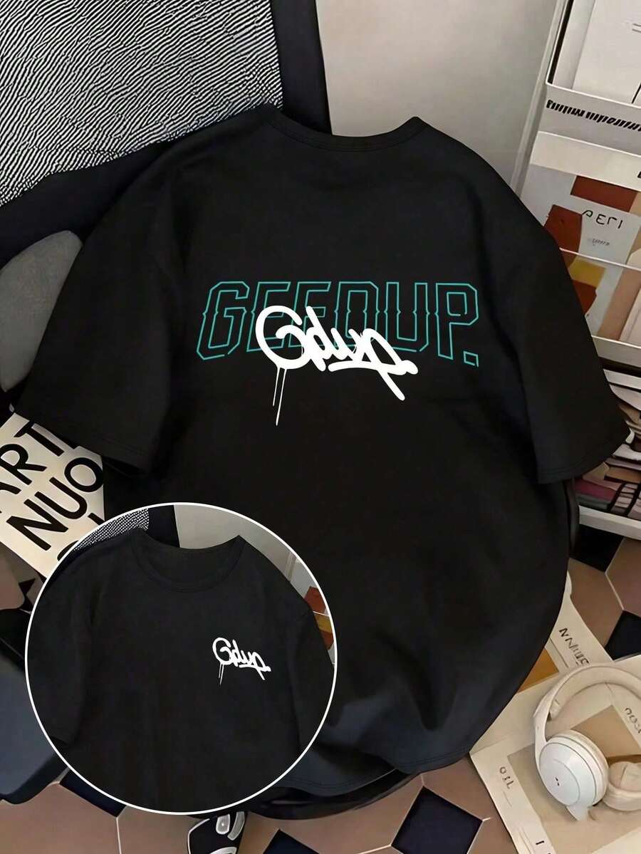 男士 Daily Geedup 字母印花 T 恤，心形领短袖休闲春夏男士 T 恤，情人节 - 黑色 - 查看 1