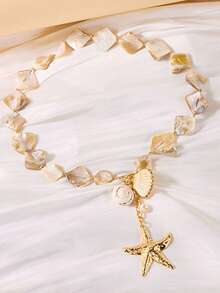 3 piezas Conjunto de joyería estilo bohemio retro con elementos marinos de lujo, collar con colgante de estrella de mar y perlas falsas, aretes de diseño metálico exagerado, para uso diario y decoración de playa, regalo. La forma, el patrón y el color de la concha son aleatorios. - Dorado - Ver 5