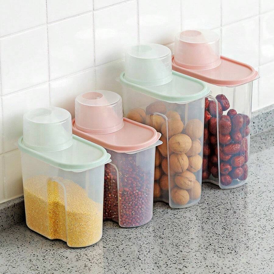 4pcs Cereal Sealed Jar 2 Powder 2 Green, Plastic Clear Container Set With Inverted Lid For Cereals, Rice, Pasta, Tea, Nuts And Coffee Beans, Plastic Food Preservation Jars, Household Kitchen Supplies, Kitchen Storage, Plastic Cereal Dispenser Storage Box - Xanh lá + Hồng - Xem 1