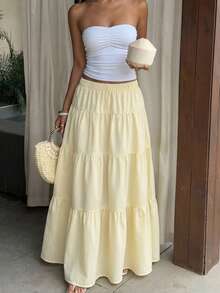 Vuslat 女士夏季休闲通勤风长款复古学院风条纹黄色半身裙，适合复活节派对、夏季假日休闲穿着、海滩、休闲度假、聚会、下午茶、节日等场合。 - 黃色 - 查看 1