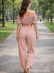 Set de dos piezas Ligero delgado Pantalón y blusa ombliguera de moda para mujer casual de uso diario de moda top corto unicolor para vacaciones - Rosa Pálido - Ver 2