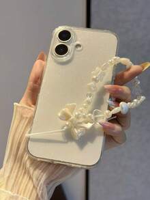1pc Transparent Glitter Phone Case + Bow, Heart, Flower, Pearl Beaded Wrist Strap, Soft Silicone Protective Cover Suitable For IPhone 16 15 14 13 12 11 Pro Max Plus 8 7, Ideal Gift Choice - Clear - View 3