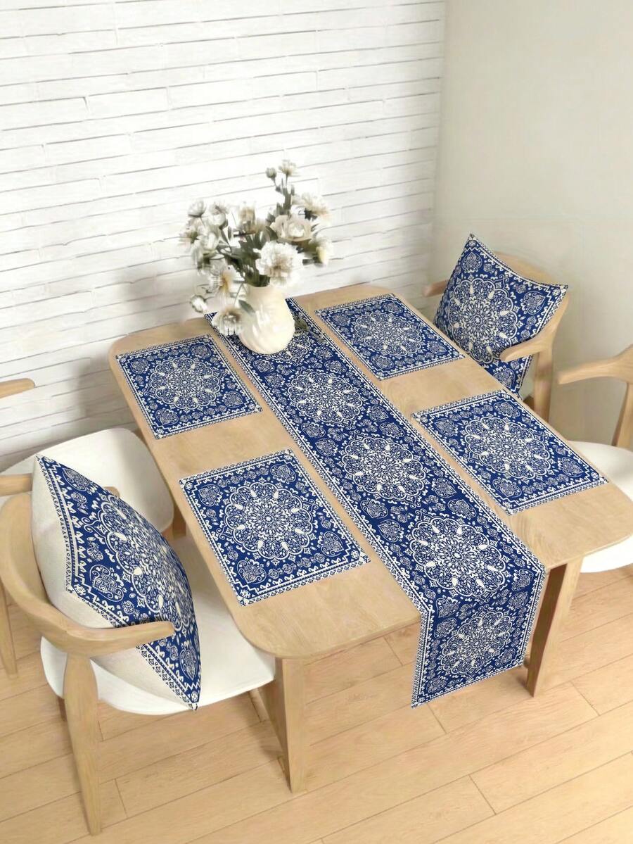 1 pieza Camino de mesa de lino con estampado floral azul, disponible en múltiples tamaños, adecuado para comedor del hogar, decoración de cocina, decoración del hogar, fiesta al aire libre y decoración de restaurantes, con apariencia de lino texturizado - Multicolor - View 1