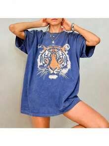 Vintage Tiger Tee - Retro Animal  T-Shirt, 90s Animal Gift For Tiger Lover, Wild Cat Shirt, JungleTiger Graphic Tee220G Heavyweight1830% CottonT-Shirt - 藍色 - 查看 3