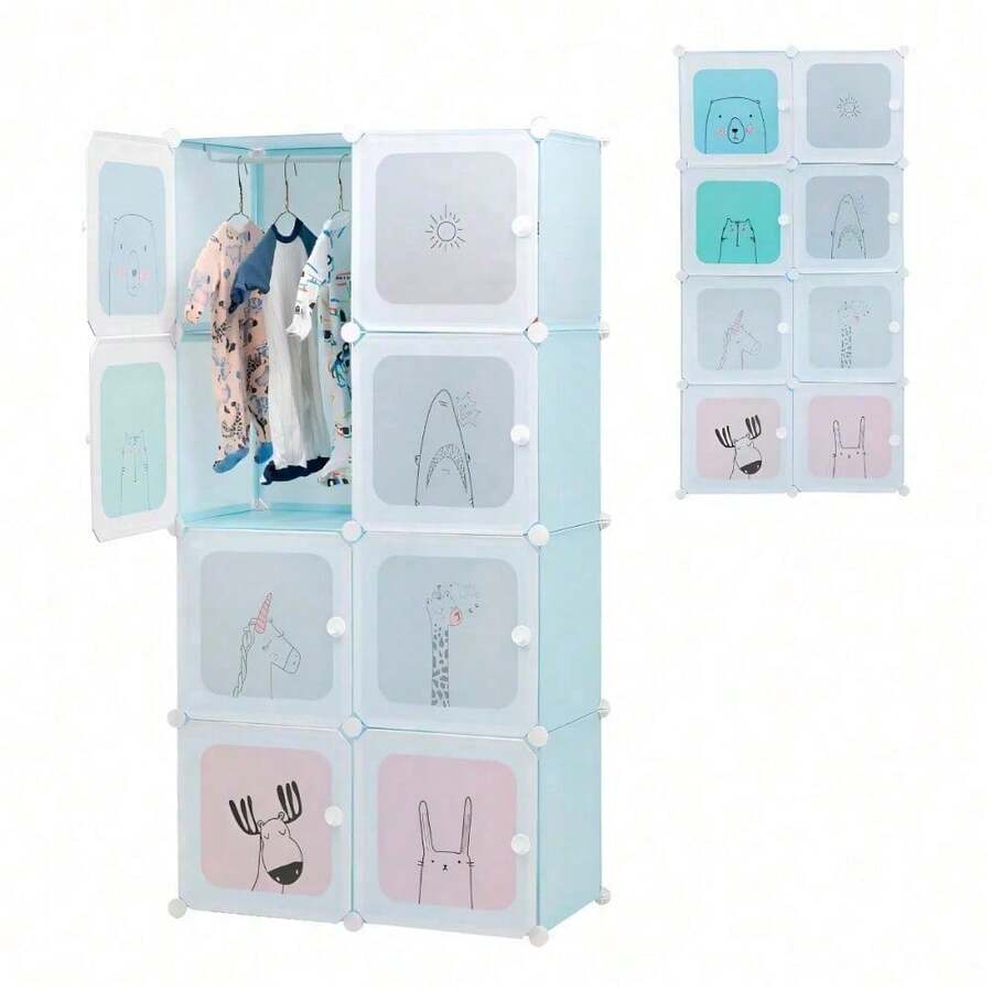 Armario De Plastico Closet Organizador Portatil Multi 8 Cubos Para Niños Multifunción Color Rosa Gabinete Organizador Portátil Estantes De Almacenamiento Guardarropa Ropero Diy Armable - Azul - Ver 1
