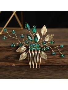 1 chiếc lược cài tóc đính đá ngọc lục bảo hình lá vàng dành cho nữ, phụ kiện tóc cô dâu. - màu xanh lá - Xem 1