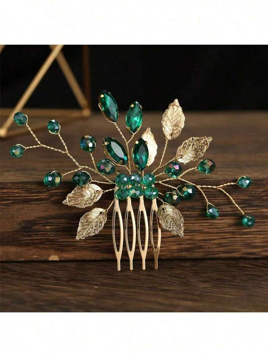 1 chiếc lược cài tóc đính đá ngọc lục bảo hình lá vàng dành cho nữ, phụ kiện tóc cô dâu. - màu xanh lá - Xem 1