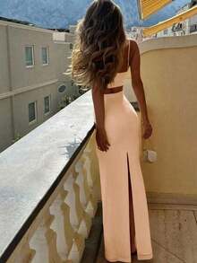 (2 Pieces) Women Elegant Romantic Sunset Date Valentine's Day Sweet Ultra-Long Fitted Butter Yellow 2 Pieces Skirt Set - Watermelon Pink - View 4