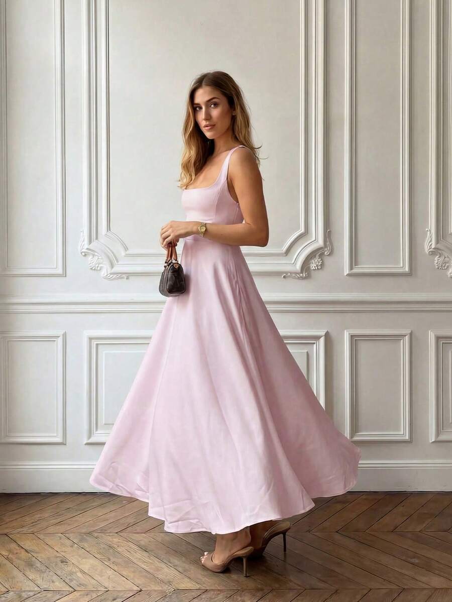 Floreya Solid Color Casual Elegant Woven Fabric Zipper Closure Dress, Suitable For Evening Date, Party, Wedding, Spring/Summer Pink - Pink - View 1