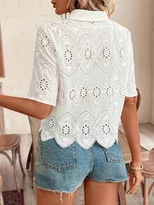 Women's Short Sleeve Hollow Out Embroidered Button-Up Blouse, Spring/Summer - White - View 3