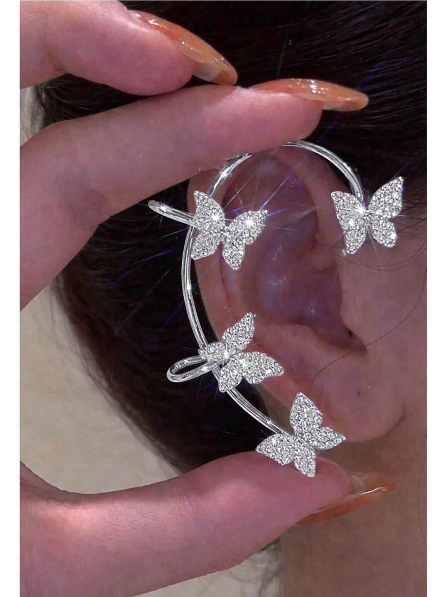 1 Set Elegant Alloy Metal Butterfly Earrings, Silver Tone, Suitable For Women's Daily Wear - Silver - View 1