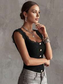 Women's Square Neck Vintage Elegant Solid Color Lace Trim Fitted Summer Knit Camisole, Contrasting Lace Design And Button Design, Multifunctional Fashion Black - Black - View 3