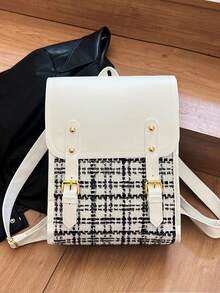 Mochila con solapa a cuadros retro gruesa, mochila casual con cierre de hebilla estilo universitario para estudiantes y viajes - Rectángulo - Ver 3