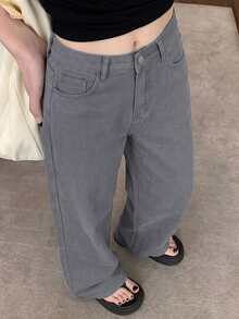 Quần jeans nữ ống rộng cạp cao dáng suông, đa năng và mang hơi hướng retro mùa xuân. - Xám - Xem 3