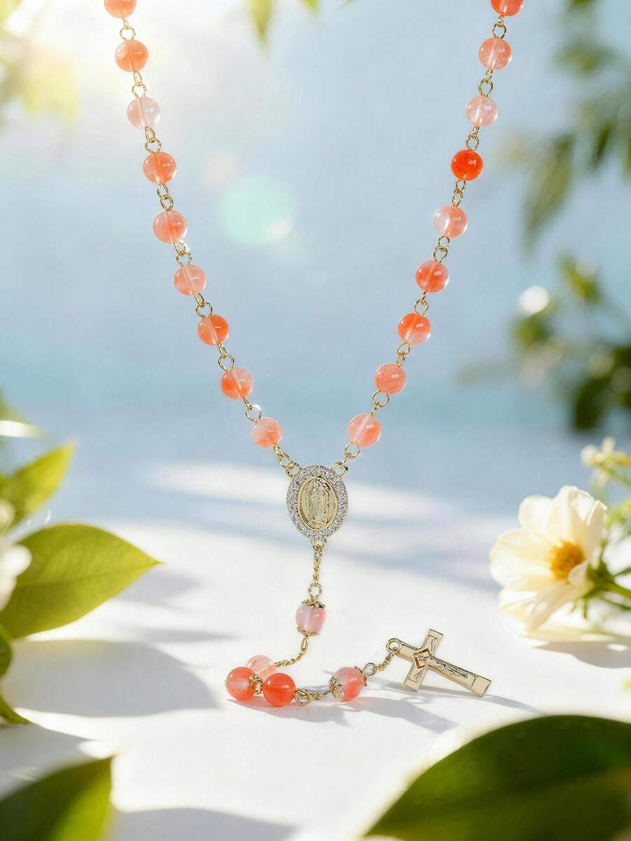 1 pieza Collar de rosario con forma de Y de estilo bohemio único con cruz de la Virgen María, perfecto para todas las estaciones, oración, playa y verano, con estuche de regalo - Rosario - Ver 1