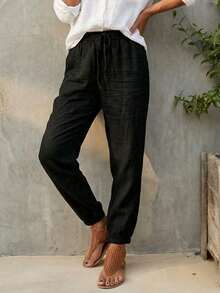 女士纯色褶裥锥形休闲裤 黑色 春季 - 黑色 - 查看 2