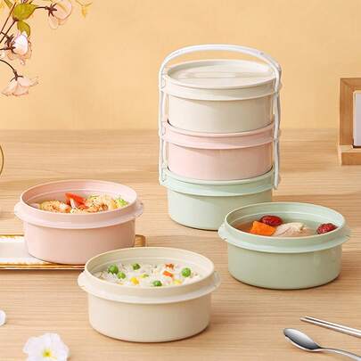 2100ML Three-Layer Round Plastic Lunch Box With Handle, Portable Large Capacity Fruit Bento Box, Stackable Sealed Food Container, Cold And Heat Resistance Refrigerator Fresh-Keeping Box, Suitable For Student And Adult Use In School, Office, Outdoor Camping, Picnic, Travel, Bakc To School