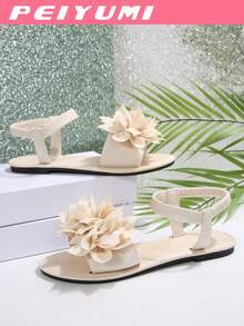 Sandalias planas suaves y elegantes, Mules de mujer con puntera abierta y estampado floral, Adecuadas para citas, uso casual y exteriores - Beis - Ver 4