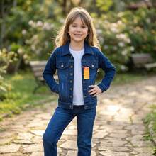 Outono e Inverno Jaqueta Jeans Menina Premium com Lycra Elastano (Tamanhos 4 a 16) - Azul - Visão 3