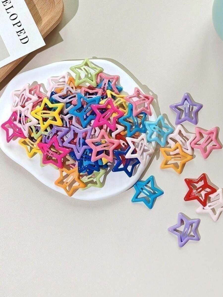 Kit Of 100 Colorful Star Hair Clips Y2K Dopamine Non-Slip Assorted Colors Lightweight Comfortable Daily Use School Parties Summer Beach Creative Looks - 50 件裝 - 查看 1