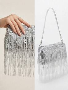 女士银色亮片流苏单肩包，闪亮晚宴手拿包，适合派对、婚礼、舞会等场合 - 銀色 - 查看 6