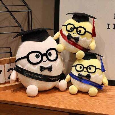 15厘米/25厘米的蛋博士毛绒玩具，戴着博士帽、眼镜、绶带和领结。适合房间装饰、生日礼物和毕业季礼物。