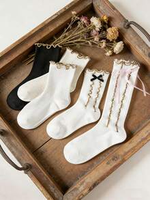 1 Pair Women's Mid-Calf Socks, Solid Color Minimalist Lace Trim Ankle Socks, Ruffle Edge Short Socks With Bow Design, Essential For Casual Daily Wear - Multicolor - View 3